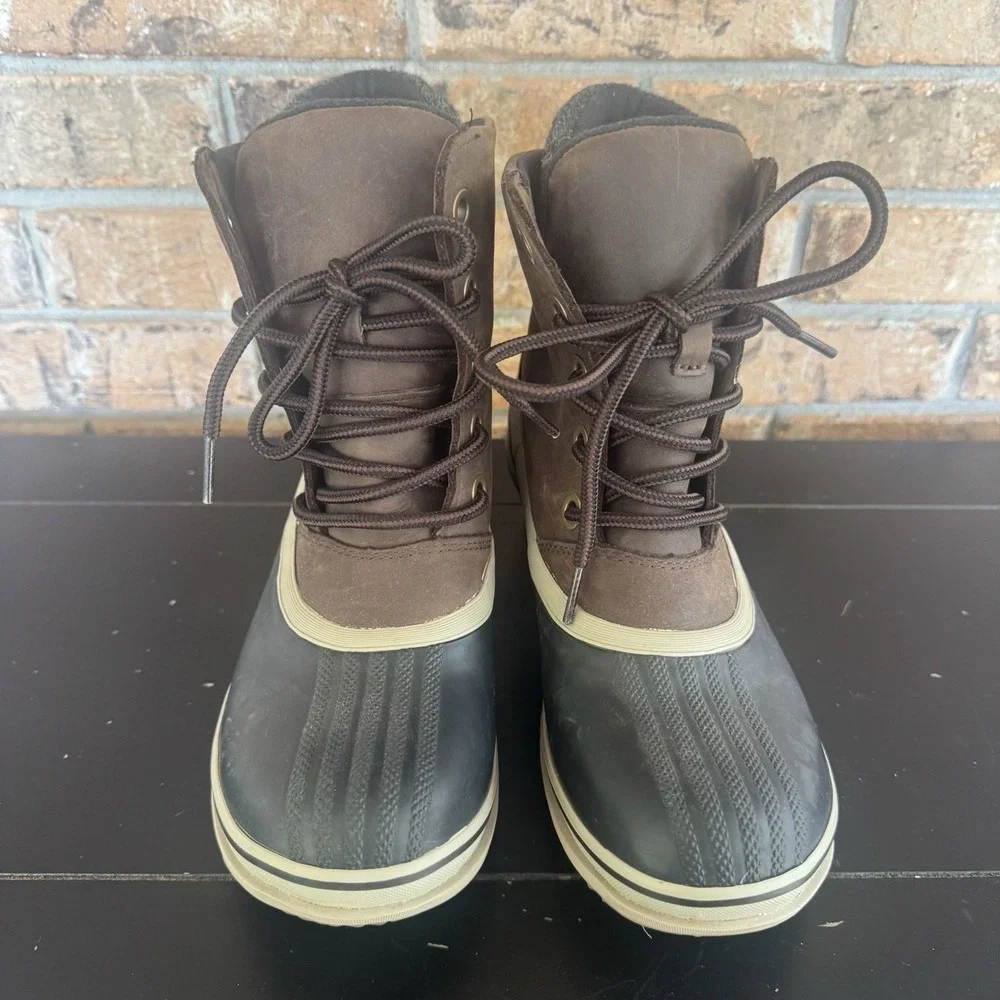 Sorel Womens Size 8.5 Black Brown Waterproof Leather Duck Boots Slimpack III